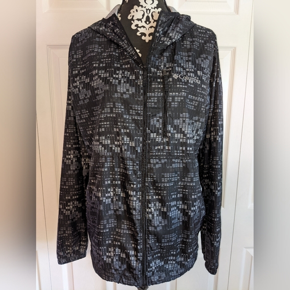 Columbia Black and Grey digital print hooded windbreaker lightweight Sz M - Picture 2 of 11
